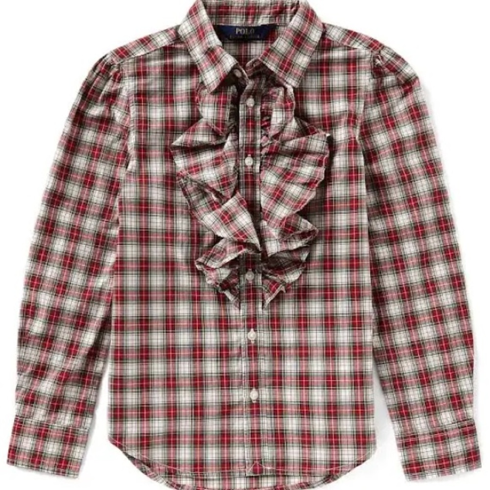 Ralph Lauren Holiday Ruffle Plaid Tartan Button Down XS